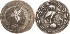 Attika Athen Tetradrachme 174/173 v.Chr. Kopf der Athena nach rechts / Eule nach rechts auf liegender Vase Thompson 202 ff 16.68 g. Sehr schön