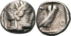 Attika Athen Drachme 527-490 v. Chr., Athen Athenakopf mit attischem Helm nach rechts / Eule mit frontalem Kopf nach rechts stehend, Olivenzweig und Mondsichel BMC 62 SNG Cop. 37 15.89 g. Revers klein