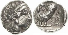 Attika Athen Tetradrachme 420-405 v. Chr. Athenakopf mit attischem Helm nach rechts / Eule mit frontalem Kopf nach rechts stehend, Olivenzweig und Mondsichel BMC 44 ff SNG Cop. 38 11.25 g. Ohne Prüfhi