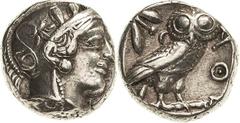 Attika Athen Tetradrachme 479/393 v. Chr. Athenakopf mit Helm nach rechts / Eule steht nach rechts, darüber Ölzweig und Halbmond BMC 48 var. (Tf. III,8) SNG Cop. 34 var 17.16 g. Sehr schön-vorzüglich