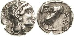 Attika Athen Tetradrachme 479/393 v. Chr. Athenakopf mit Helm nach rechts / Eule steht nach rechts, darüber Ölzweig und Halbmond BMC 48 var. (Tf. III,8) SNG Cop. 38 var 15.47 g. Kl. Prüfhieb, sehr sch