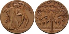 Kunstmedaillen und Plaketten Römer, Georg 1868-1922 Bronzemedaille o.J. (vor 1905). Frühling. Auf einer Wiese tanzendes Paar / Stilisiertes Blütengewächs mit herzförmigem Blattwerk. Randpunze: HITL. 4