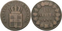 Ausländische Münzen und Medaillen Griechenland Otto I. 1832-1862 10 Lepta 1837, Athen Divo 18 c KM 17 Schön-sehr schön