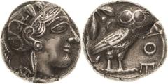 Griechische Münzen Attika Athen Tetradrachme 5./4. Jhd. v. Chr. Athenakopf nach rechts / Eule nach rechts, dahinter Ölzweig BMC 67 var. SNG Cop. 31 16.65 g. Rand min. bearbeitet, poröser Schrötling, f