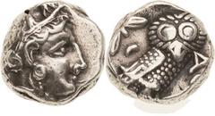 Griechische Münzen Attika Athen Tetradrachme 4./3. Jhd. v. Chr. Athenakopf nach rechts / Eule steht mit Kopf von vorn nach rechts, links Olivenzweig und Halbmond BMC 144 SNG Cop. 63 ff 17.16 g. Sehr s