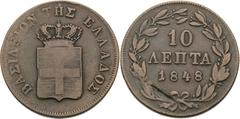 Ausländische Münzen und Medaillen Griechenland Otto I. 1832-1862 10 Lepta 1848, Athen Divo 20 b KM 29 Revers kl. Schrötlingsfehler, fast sehr schön/sehr schön