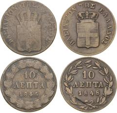 Ausländische Münzen und Medaillen Griechenland Otto I. 1832-1862 10 Lepta 1845 und 1848, Athen Divo 19 b, 20 b KM 25, 29 2 Stück. Schön-fast sehr schön