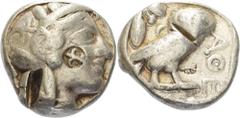 Griechische Münzen Attika Athen Tetradrachme 454/404 v. Chr. Athenekopf nach rechts / Eule nach rechts mit Olivzweig. Mit Av-Gegenstempel (Lilie) HGC 4, 1597 17.05 g. Prüfhieb, sehr schön
