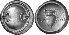 THE GREEK WORLD BOEOTIA Thebes Estimate: CHF 1'150.00 Stater (Silver, 12.19g), c. 395/ 390-355. Boeotian shield. Rev. Volute krater with fluted shoulders; to left and right, ; above, wreath. BMC 151 v