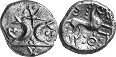 The Celtic Coinage of Britain The Iceni - East Anglia Estimate: CHF 1'800.00 Frechenham Type. Stater (Gold, 5.07 g 4), c. 45-40. Two crescents with tails back-to-back; star above and below. Rev. Horse