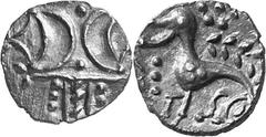 The Celtic Coinage of Britain The Iceni - East Anglia Estimate: CHF 225.00 Antedios. Unit (Silver, 0.86 g12), early 1st century AD. Opposed crescent ornament. Rev. Horse right, with three pellets on s