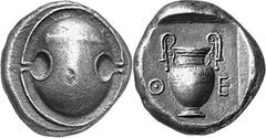 THE GREEK MAINLAND BOEOTIA Thebes Estimate: CHF 1'500.00 Stater (Silver, 12.06 g 12), c. 400-390. Boeotian shield with club to right crossing the lower half. Rev. Volute krater with fluted shoulders. 