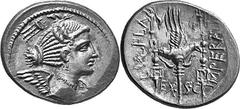 THE REPUBLIC Estimate: CHF 650.00 C. Valerius Flaccus. Denarius (Silver, 3.71 g 5), Massalia, 82. Draped bust of Victory to right; behind, tripod. Rev. Legionary Eagle between standards of the Hastati
