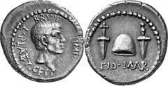 THE REPUBLIC Estimate: CHF 65'000.00 M. Iunius Brutus and L. Plaetorius Cestianus. Denarius (Silver, 3.50 g 1), mint traveling with Brutus and Cassius in northern Greece, late summer-autumn 42. BRVT I