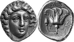 Asia Minor The Island of Rhodes, Rhodes Estimate: CHF 18'500.00 Tetradrachm (Silver, 15.11 g 12), c. 385-360. Head of Helios facing, turned slightly to the right. Rev. Rose with bud to left; to left, 