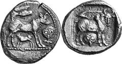 Cyprus Uncertain Mint Estimate: CHF 8'500.00 Stater (Silver, 10.62 g 9), c. 450. Cow standing right, suckling her calf; above, eagle flying right; to right, ankh with its top replaced by a facing head