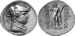 Syria and the East Demetrios I, King of Bactria, 200-190 Estimate: CHF 5'500.00 Tetradrachm (Silver, 16.88 g 12). Diademed and draped bust of Demetrios I to right, wearing helmet in the form of an ele