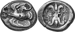 THE COINAGE OF OLYMPIA c. 468-452, Olympiads 78-82 Estimate: CHF 2'800.00 Stater (Silver, 11.98 g 6), c. 460s. Similar to the last, but with five countermarks on the obverse (on the eagle’s breast, tw