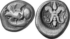 THE COINAGE OF OLYMPIA c. 468-452, Olympiads 78-82 Estimate: CHF 750.00 Drachm (Silver, 5.60 g 4), c. 460s. As last, struck from the same reverse die as the last. Countermarked on the obverse with a h