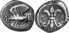 THE COINAGE OF OLYMPIA c. 468-452, Olympiads 78-82 Estimate: CHF 1'200.00 Hemidrachm (Silver, 2.88 g), c. 460s. Eagle flying left, grasping snake as last. Rev. F Thunderbolt with wings above and volut