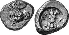 THE COINAGE OF OLYMPIA c. 468-452, Olympiads 78-82 Estimate: CHF 18'000.00 Stater (Silver, 12.26 g 3), c. 460s-450s. Eagle flying left with both wings above his body, grasping a hare by the belly with