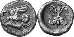 THE COINAGE OF OLYMPIA c. 468-452, Olympiads 78-82 Estimate: CHF 500.00 Hemidrachm (Silver, 2.84 g 9), c. 460s-450s. Eagle left as last, from the same die; countermark to left. Rev. F Thunderbolt with