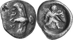 THE COINAGE OF OLYMPIA c. 452-432, Olympiads 82-87 Estimate: CHF 750.00 Drachm (Silver, 5.24 g 7), c. late 450s. F] Eagle flying left with wings above and below, possibly grasping snake in his talons;