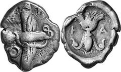 THE COINAGE OF OLYMPIA c. 452-432, Olympiads 82-87 Estimate: CHF 800.00 Stater (Silver, 11.79 g 11), c. late 450s. Eagle flying right with wings above and below his body, grasping snake with his talon