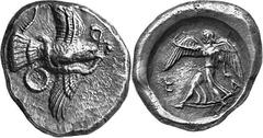 THE COINAGE OF OLYMPIA c. 452-432, Olympiads 82-87 Estimate: CHF 6'500.00 Stater (Silver, 12.33 g 12), c. late 450s. Eagle flying right as last, from the same die. Rev. F Nike striding left, holding w