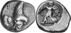 THE COINAGE OF OLYMPIA c. 452-432, Olympiads 82-87 Estimate: CHF 3'800.00 Stater (Silver, 11.53 g 6), c. 450-440. Eagle flying right with wings above and below his body, grasping hare by the belly wit