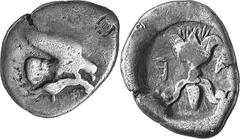 THE COINAGE OF OLYMPIA c. 452-432, Olympiads 82-87 Estimate: CHF 225.00 Drachm (Silver, 5.51 g 6), c. 450-440. Eagle as last, from the same die; above right, lyre countermark (possibly from the same p