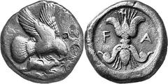THE COINAGE OF OLYMPIA c. 452-432, Olympiads 82-87 Estimate: CHF 1'250.00 Stater (Silver, 11.73 g 3), c. 440s. Eagle right as last, from the same die; to right, four countermarks. Rev. F Thunderbolt w