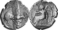 THE COINAGE OF OLYMPIA c. 452-432, Olympiads 82-87 Estimate: CHF 1'250.00 Stater (Silver, 11.06 g 10), c. 440s-430s. Eagle flying right as last. Rev. F (in the four corners) Nike seated left on square