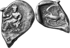 THE COINAGE OF OLYMPIA c. 452-432, Olympiads 82-87 Estimate: CHF 1'800.00 Stater (Silver, 11.40 g 2), c. mid 430s. Zeus, nude to the waist, seated left on rock with his right leg drawn back behind his