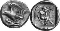 THE COINAGE OF OLYMPIA c. 452-432, Olympiads 82-87 Estimate: CHF 6'500.00 Stater (Silver, 12.15 g 9), c. 432, the 87th Olympiad. Eagle standing left, as last, struck from the same die. Rev. Nike seate