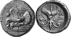 THE COINAGE OF OLYMPIA c. 452-432, Olympiads 82-87 Estimate: CHF 8'000.00 Stater (Silver, 11.64 g 8), c. 432, the 87th Olympiad. Eagle flying left, with wings above and below his body, grasping fawn b