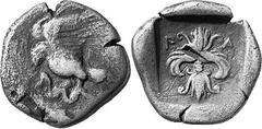 THE COINAGE OF OLYMPIA c. 452-432, Olympiads 82-87 Estimate: CHF 150.00 Hemidrachm (Silver, 2.55 g 10), c. 432, the 87th Olympiad. Eagle left, as last. Rev. F Thunderbolt with volutes above and below,