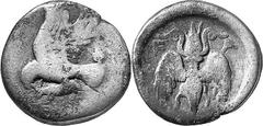 THE COINAGE OF OLYMPIA c. 452-432, Olympiads 82-87 Estimate: CHF 125.00 Drachm (Silver, 4.33 g 5), c. 440s-430s. Eagle flying left with wings above his body, grasping hare by the back with his talons 