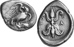 THE COINAGE OF OLYMPIA c. 432-c.421, from the 87th Olympiad to Estimate: CHF 2'200.00 Stater (Silver, 11.91 g 2), c. 432-420s. Eagle, with wings spread and head turned back to left, standing right on 