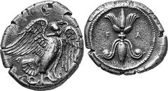 THE COINAGE OF OLYMPIA c. 432-c.421, from the 87th Olympiad to Estimate: CHF 22'500.00 Stater (Silver, 12.09 g 7), late 420s, signed by Da… Eagle standing right, wings spread, holding, with his beak, 