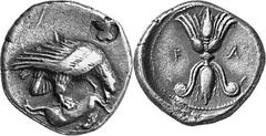 THE COINAGE OF OLYMPIA 421-365, from the Peace of Nikias, and the 90 Estimate: CHF 2'250.00 Hemidrachm (Silver, 2.89 g 5), 420, the 90th Olympiad. Eagle right, as last; above, countermark of an owl le