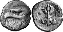 THE COINAGE OF OLYMPIA 421-365, from the Peace of Nikias, and the 90 Estimate: CHF 6'500.00 Stater (Silver, 11.91 g 6), 408, the 93rd Olympiad, unsigned but by Da…. Eagle’s head to left; below, large 
