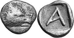 THE COINAGE OF OLYMPIA 421-365, from the Peace of Nikias, and the 90 Estimate: CHF 750.00 Hemiobol (Silver. 0.50 g 9), c. 416-404. F (retrograde) Head of eagle to right. Rev. in incuse square. Cf. Gr.