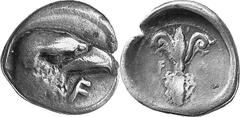 THE COINAGE OF OLYMPIA 421-365, from the Peace of Nikias, and the 90 Estimate: CHF 850.00 Hemidrachm (Silver, 2.61 g 12), 400, the 95th Olympiad. Eagle’s head and neck to right; below, F. Rev. F Thund
