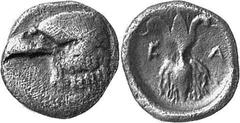 THE COINAGE OF OLYMPIA 421-365, from the Peace of Nikias, and the 90 Estimate: CHF 750.00 Hemiobol (Silver, 0.59 g 12), c. later 390s-380. Head of eagle left as last. Rev. F Thunderbolt, volutes above