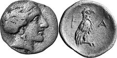 THE COINAGE OF OLYMPIA 360-c. 323, From the 105th Olympiad in Estimate: CHF 325.00 Obol (Silver, 0.86 g 5), Hera mint, the 105th Olympiad. Head of the eponymous nymph Olympia to right, as last. Rev. F