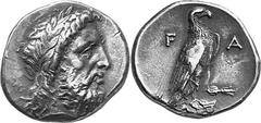 THE COINAGE OF OLYMPIA 360-c. 323, From the 105th Olympiad in Estimate: CHF 4'800.00 Stater (Silver, 12.11 g 1), 348, the 108th Olympiad. Laureate head of Zeus to right. Rev. F Eagle, with closed wing