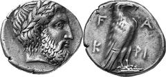 THE COINAGE OF OLYMPIA 360-c. 323, From the 105th Olympiad in Estimate: CHF 5'750.00 Stater (Silver, 11.79 g 6), 344, the 109th Olympiad. Laureate head of Zeus to right. Rev. F / Eagle, with closed wi