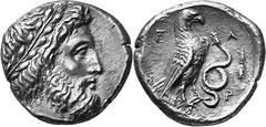 THE COINAGE OF OLYMPIA 360-c. 323, From the 105th Olympiad in Estimate: CHF 7'500.00 Stater (Silver, 12.25 g 12), 336, the 111th Olympiad. Laureate head of Zeus to right. Rev. F / Eagle, with closed w