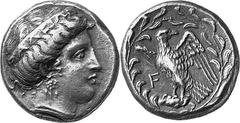 THE COINAGE OF OLYMPIA 360-c. 323, From the 105th Olympiad in Estimate: CHF 3'500.00 Stater (Silver, 12.11 g 2), 328, Hera mint, the 113th Olympiad. Similar to the last but, on reverse, F to left of e